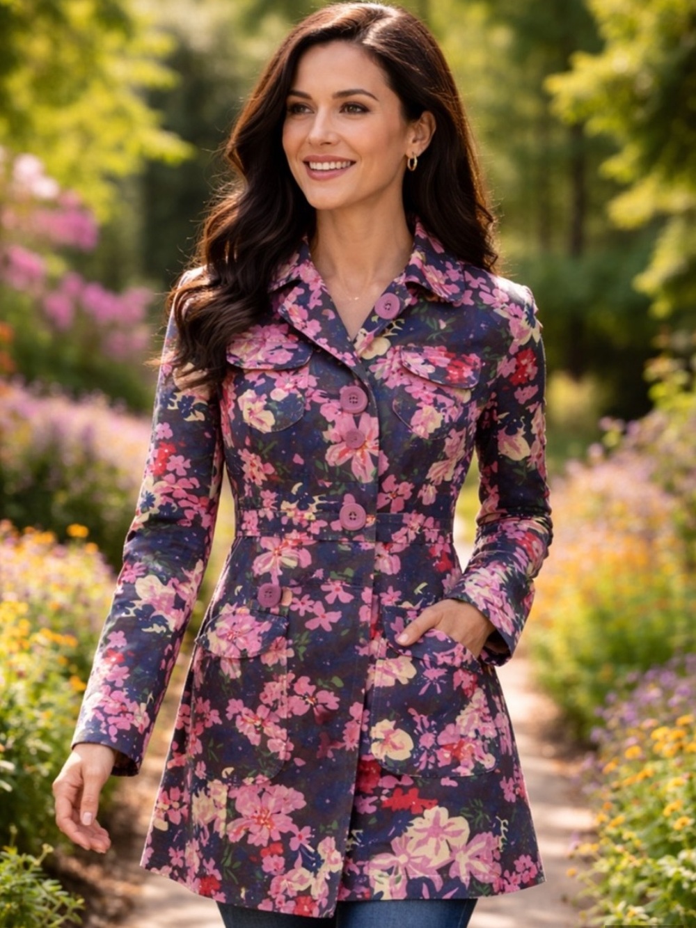 Tara Jarmon Purple Floral Button-Front Trench Coat